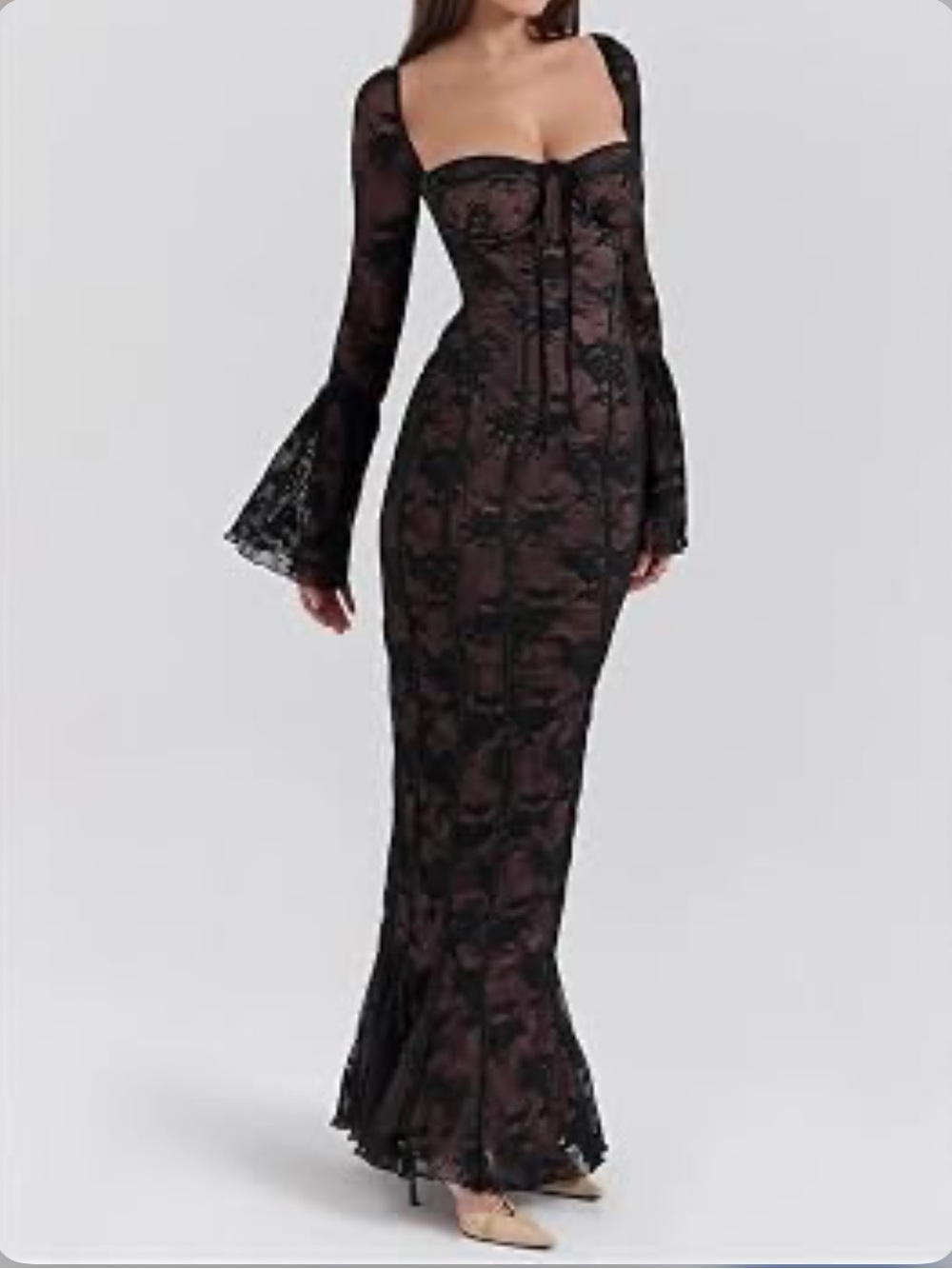 House of CB Black Delilah Long Sleeve Lace Overlay Mermaid Dress L+